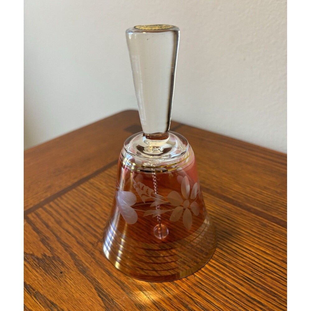 Mozart Classics Crystal Bell Cranberry Color Floral Etched Design Gold Trim - Picture 2 of 4